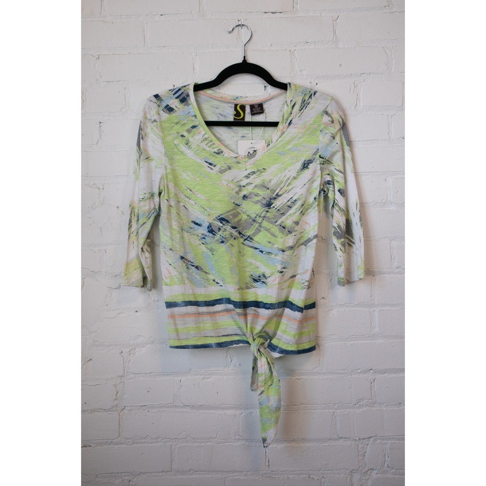Sportelle Abstract Print Tie Front V-Neck Top Lime Green Blue PS Cotton Modal